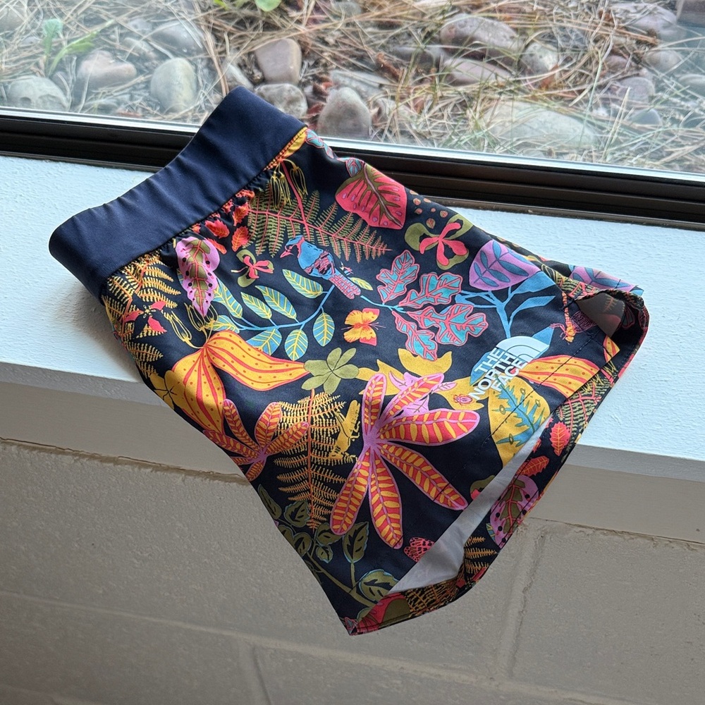 The North Face Girls Tropical Print Athletic Shorts - Navy and Multicolor